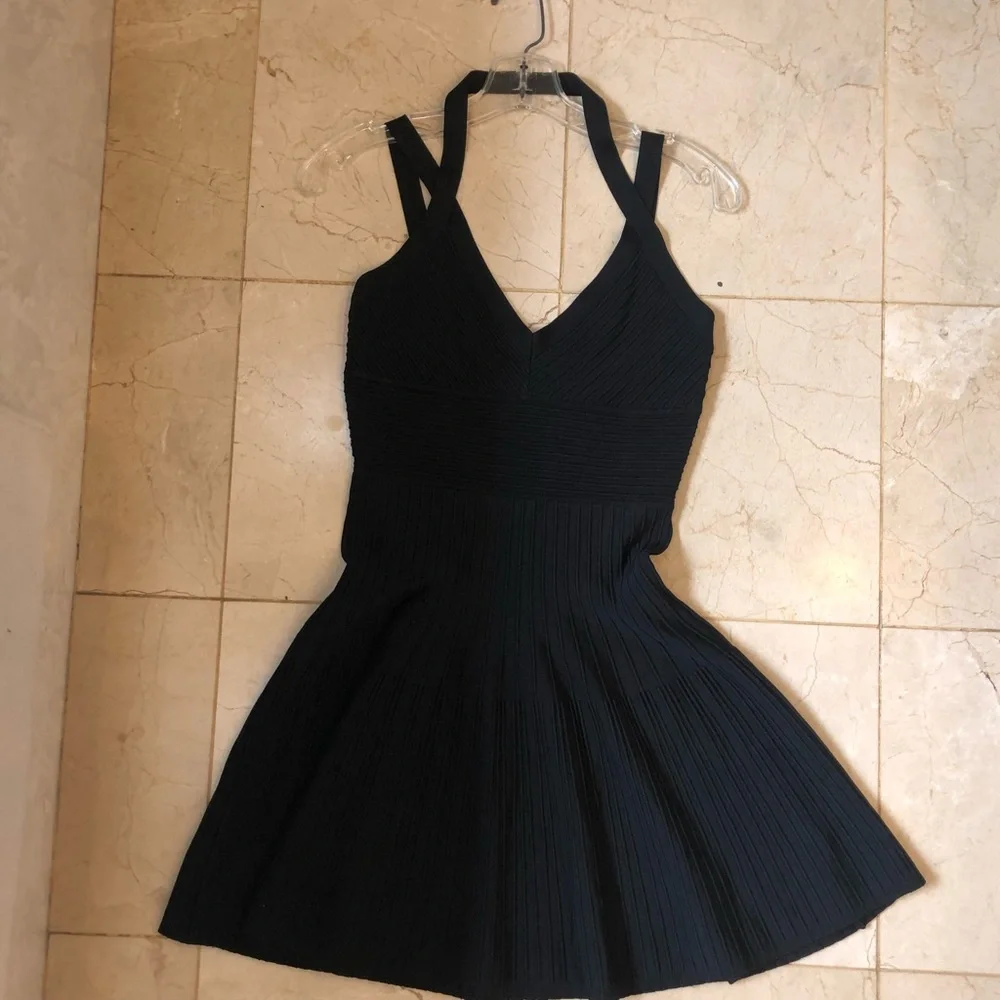 BCBGMaxAzria cocktail dress black ribbed mini full skirt, straps, Sz S, Elegant! - Picture 13 of 16
